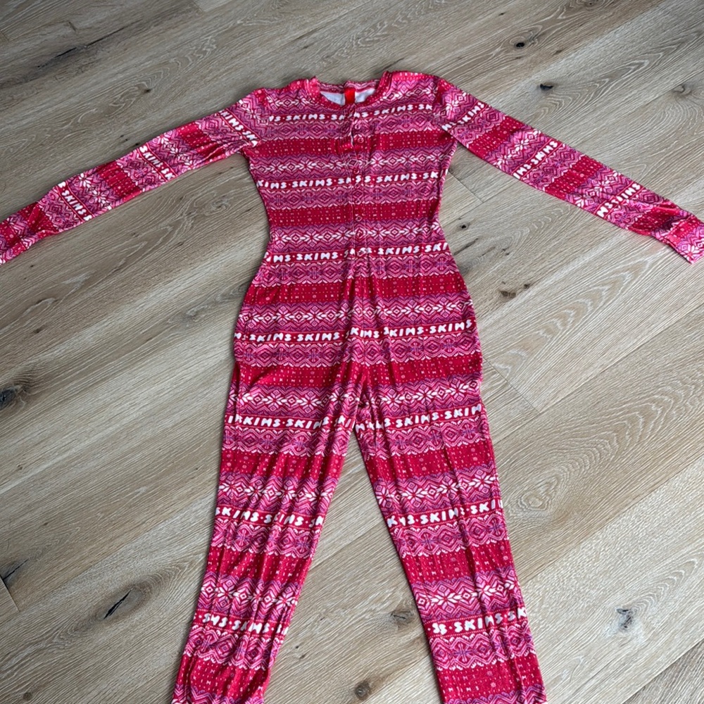 SKIMS Red and White Patterned Onesie